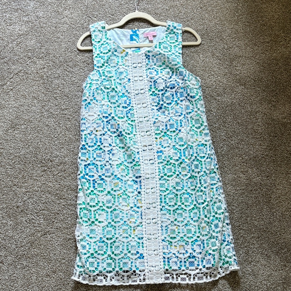Lilly Pulitzer Blue and White Lace Mini Dress with lace overlay